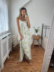 Fiona Printed Maxi Dress with strap detail and silver piping fully lined