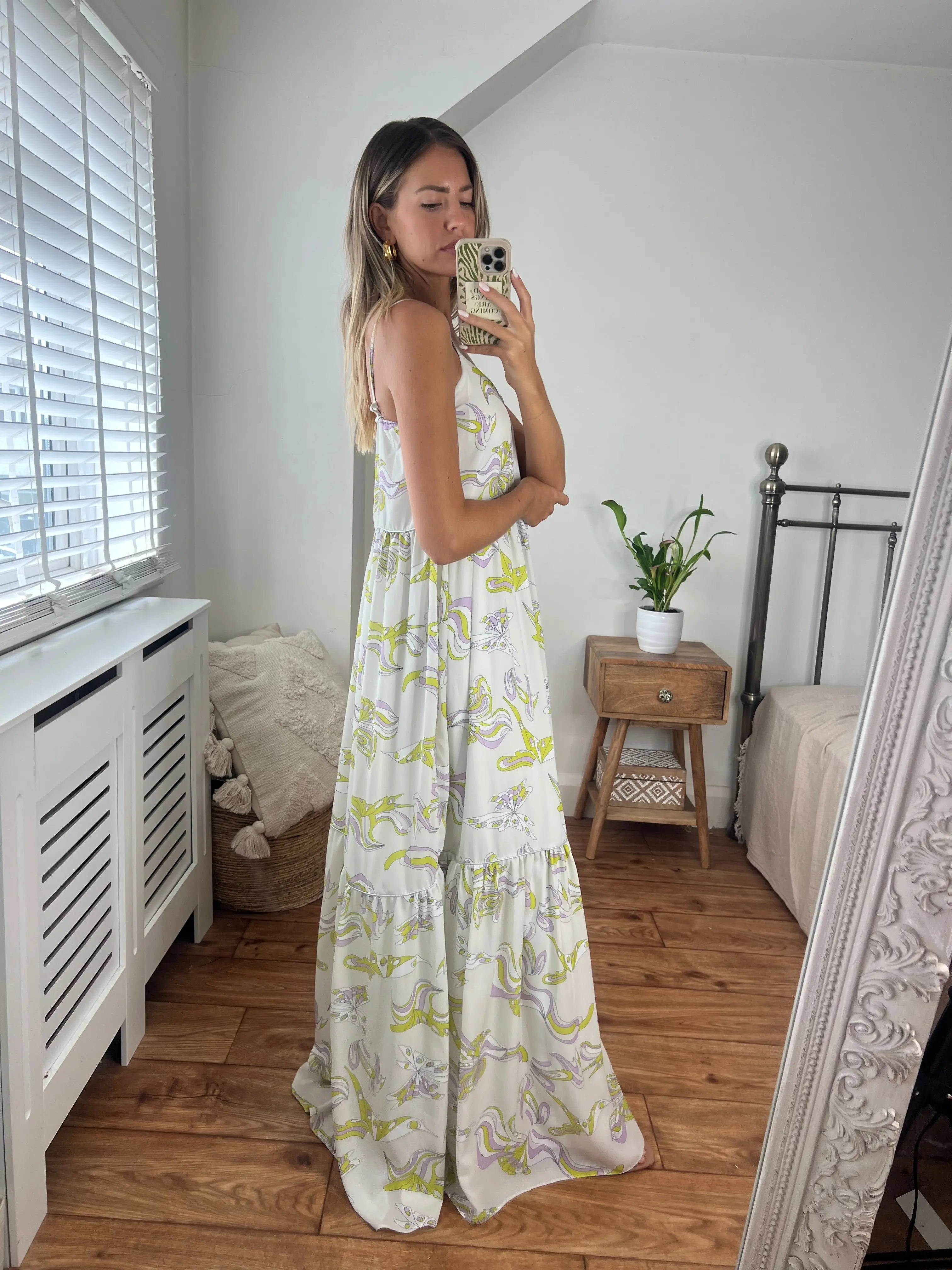 Fiona Printed Maxi Dress with strap detail and silver piping fully lined Josh And Nicol