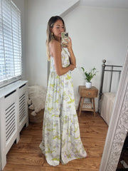 Fiona Printed Maxi Dress with strap detail and silver piping fully lined Josh And Nicol
