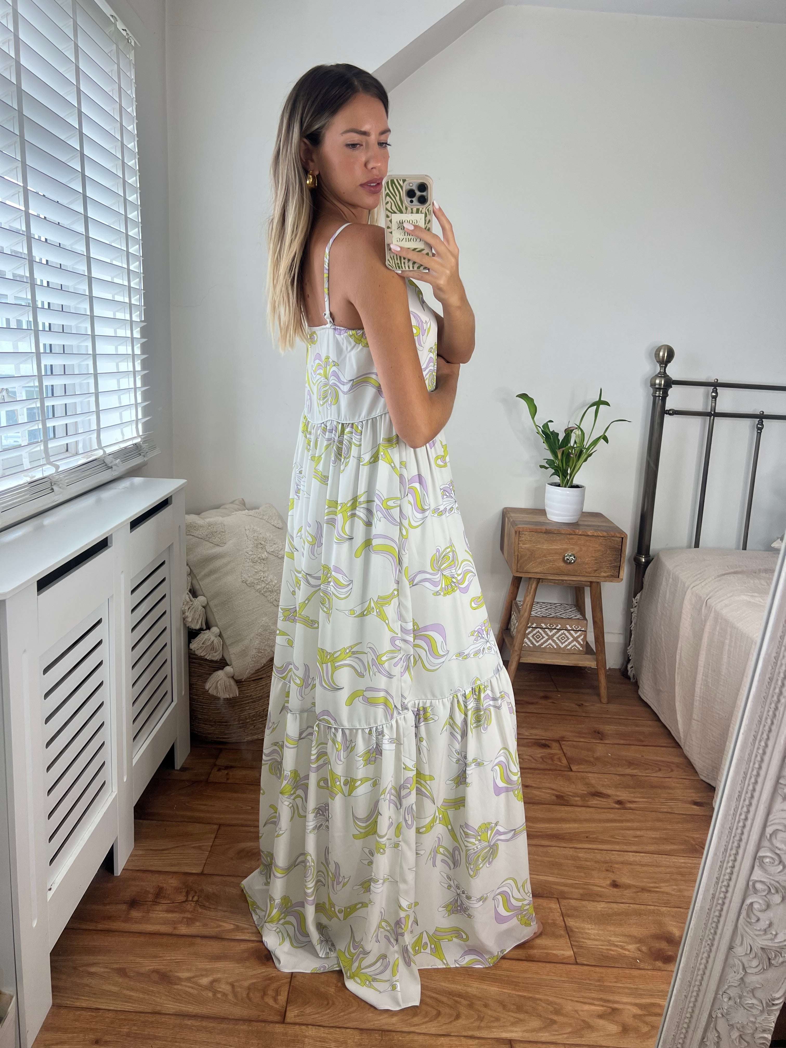 Fiona Printed Maxi Dress with strap detail and silver piping fully lined