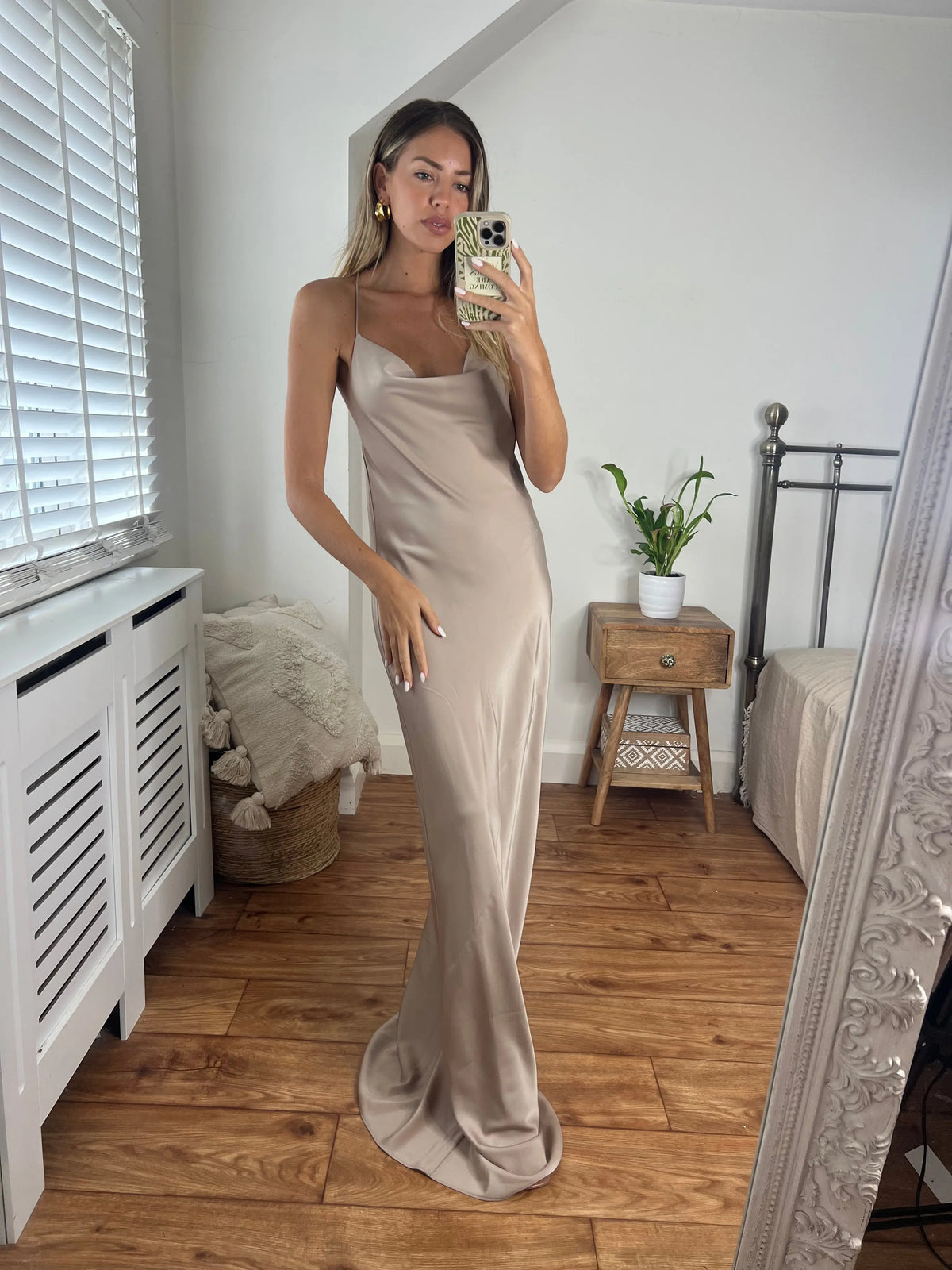 Margot Premium Satin Cowl Neck Low Back Maxi Dress in Champagne