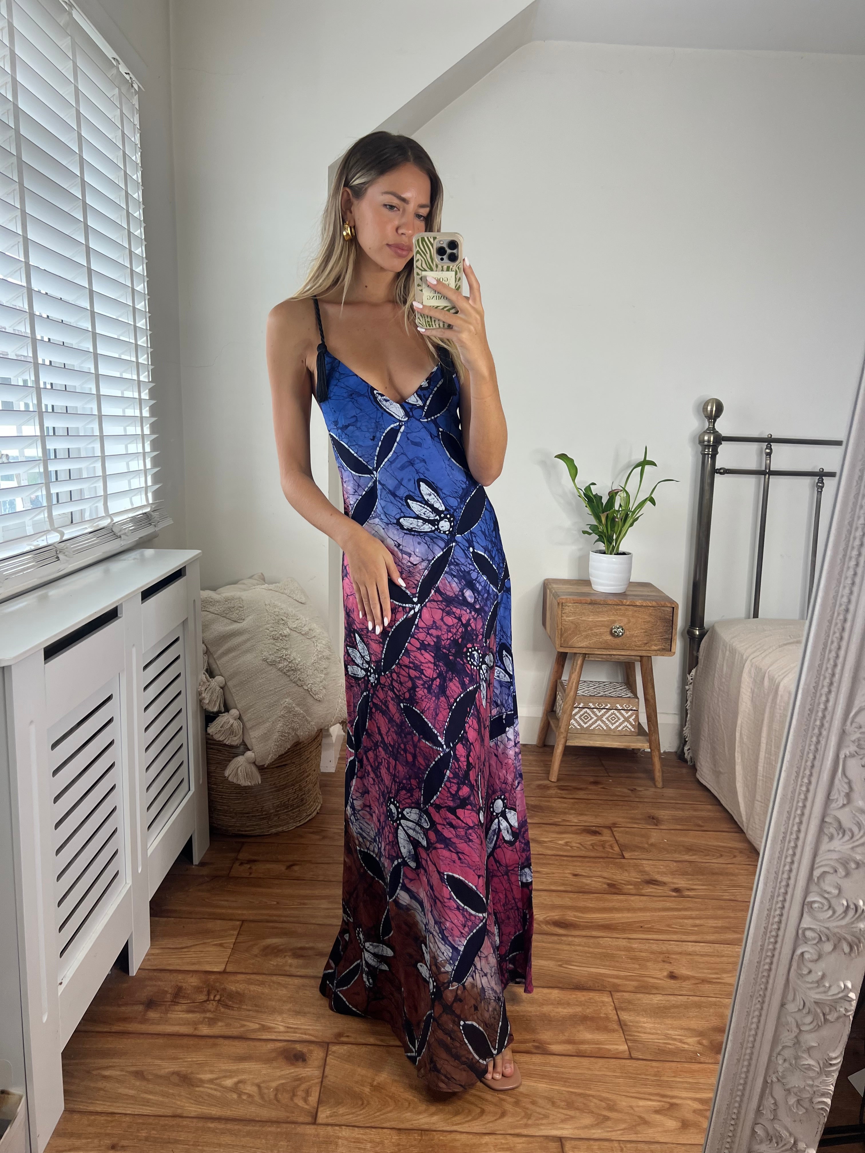 Jessica Printed Long Dress with Low Back Rope Tie Detail with front toggle and low back