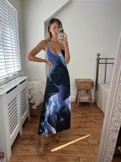 Zara Blue and Navy Printed Longer Length Midi Satin Bias Cut Elegant Strappy Dress with Low Back Josh And Nicol