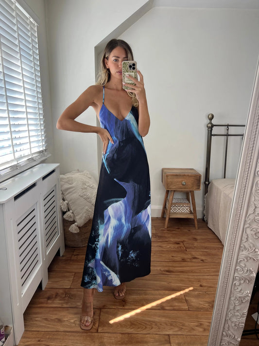 Zara Blue and Navy Printed Longer Length Midi Satin Bias Cut Elegant Strappy Dress with Low Back Josh And Nicol