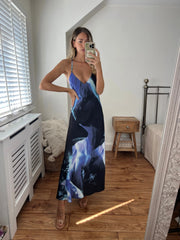 Zara Blue and Navy Printed Longer Length Midi Satin Bias Cut Elegant Strappy Dress with Low Back Josh And Nicol
