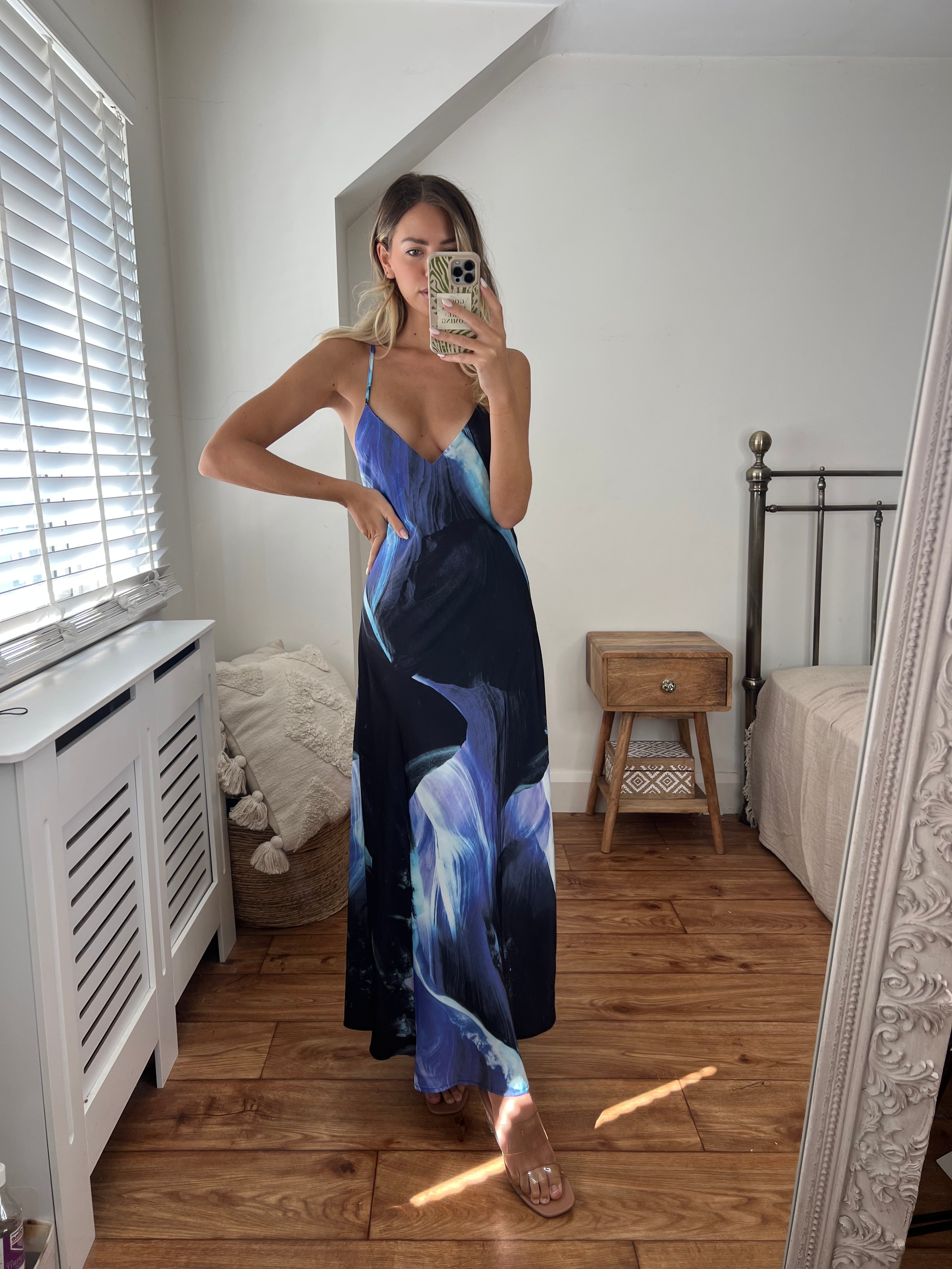 Zara Blue and Navy Printed Longer Length Midi Satin Bias Cut Elegant Strappy Dress with Low Back