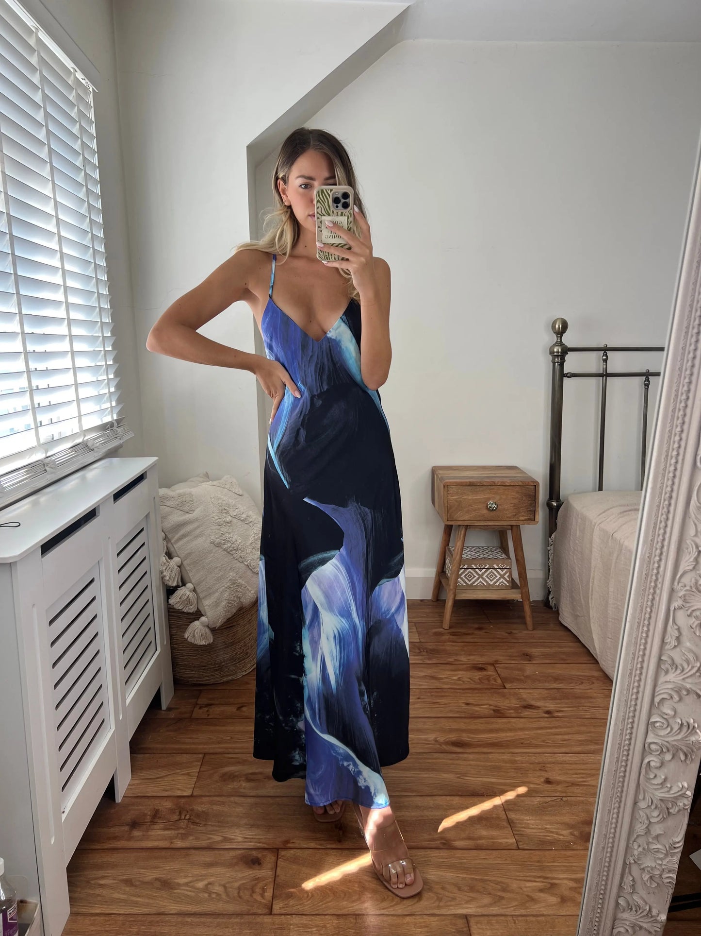 Zara Blue and Navy Printed Longer Length Midi Satin Bias Cut Elegant Strappy Dress with Low Back Josh And Nicol