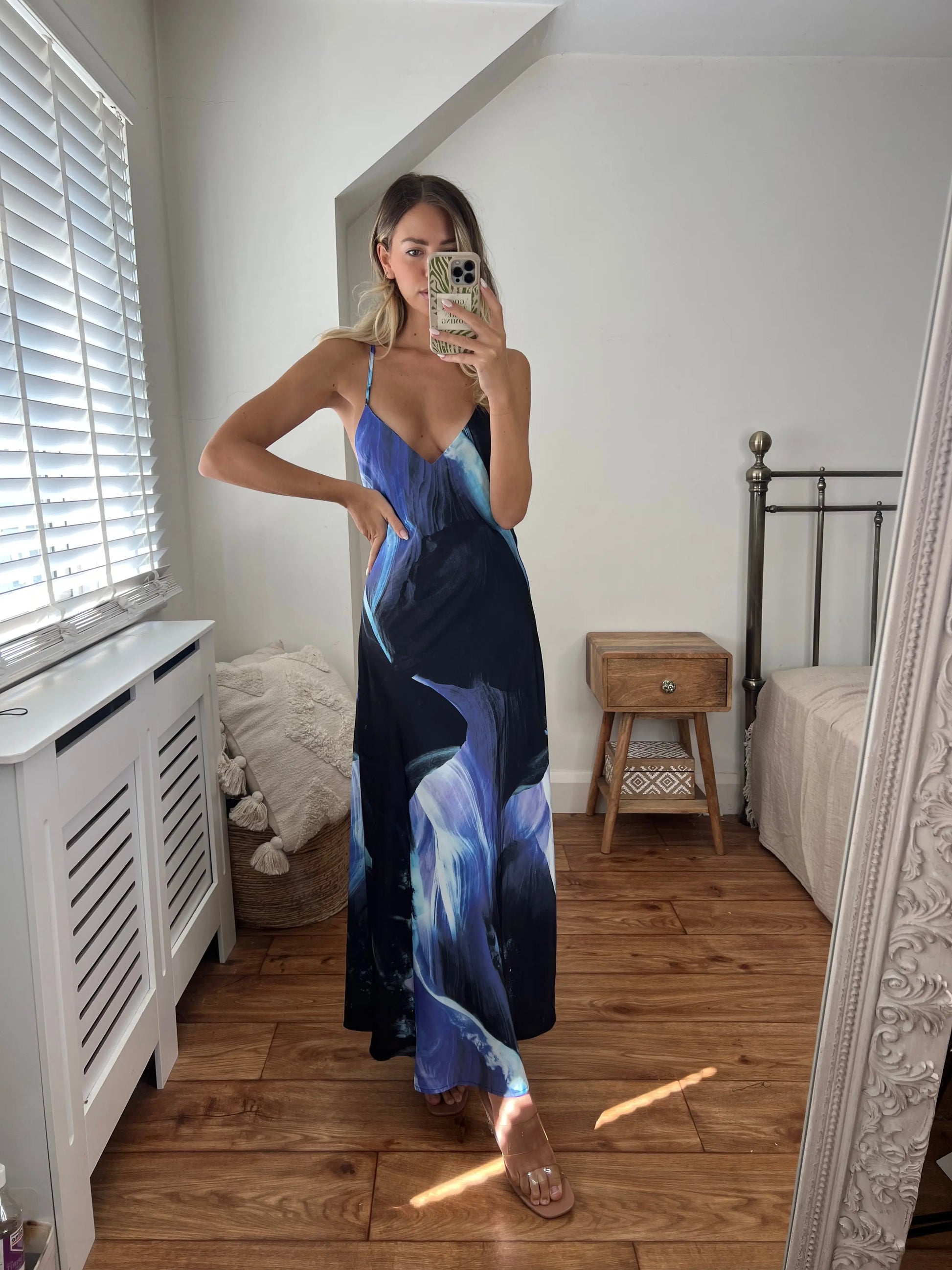 Zara Blue and Navy Printed Longer Length Midi Satin Bias Cut Elegant Strappy Dress with Low Back Josh And Nicol