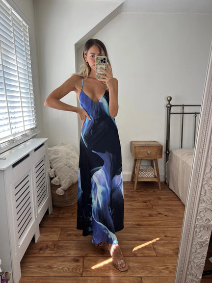 Zara Blue and Navy Printed Longer Length Midi Satin Bias Cut Elegant Strappy Dress with Low Back Josh And Nicol