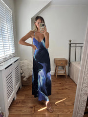 Zara Blue and Navy Printed Longer Length Midi Satin Bias Cut Elegant Strappy Dress with Low Back Josh And Nicol