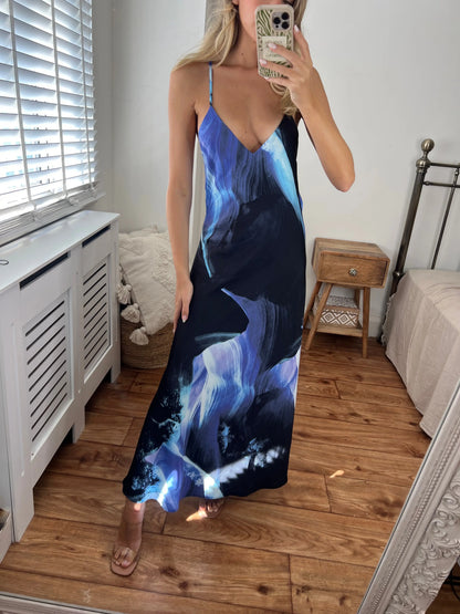 Zara Blue and Navy Printed Longer Length Midi Satin Bias Cut Elegant Strappy Dress with Low Back Josh And Nicol