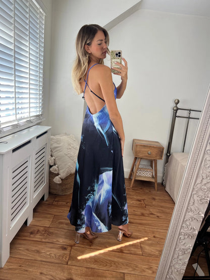 Zara Blue and Navy Printed Longer Length Midi Satin Bias Cut Elegant Strappy Dress with Low Back Josh And Nicol