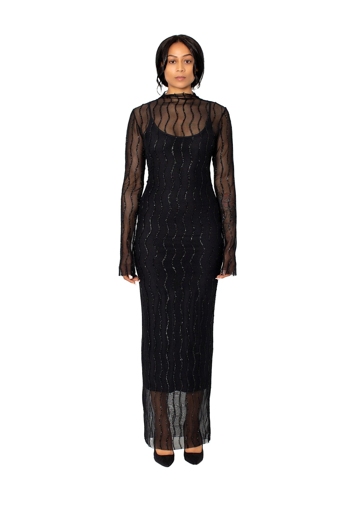 Black mesh tinsel bodycon dress