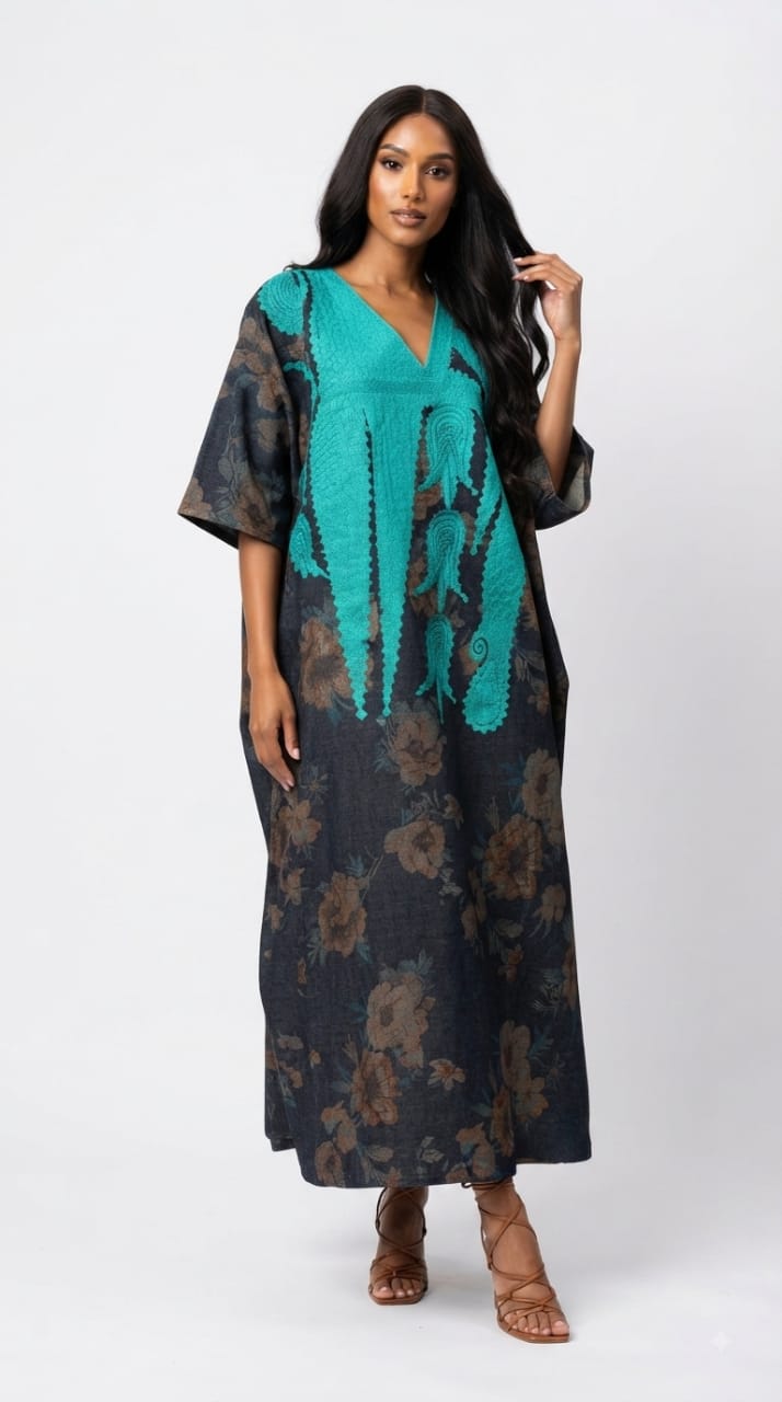 TITILAYO one-of-one teal hand-embroidered kaftan in navy floral denim by Josh And Nicol, one size maxi