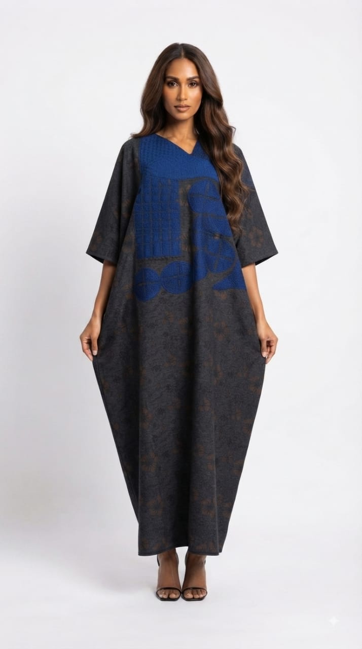 ADUNNI one-of-one cobalt blue hand-embroidered kaftan in charcoal grey denim by Josh And Nicol, one size maxi