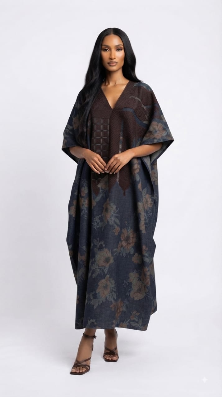 MOREMI one-of-one chocolate hand-embroidered cape sleeve kaftan in navy floral denim by Josh And Nicol