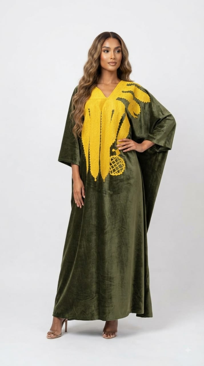 ENIOLA one-of-one saffron hand-embroidered kaftan in olive green velvet by Josh And Nicol, one size maxi
