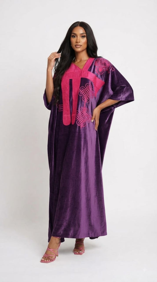 IYABO one-of-one fuchsia hand-embroidered kaftan in aubergine purple velvet by Josh And Nicol, one size maxi