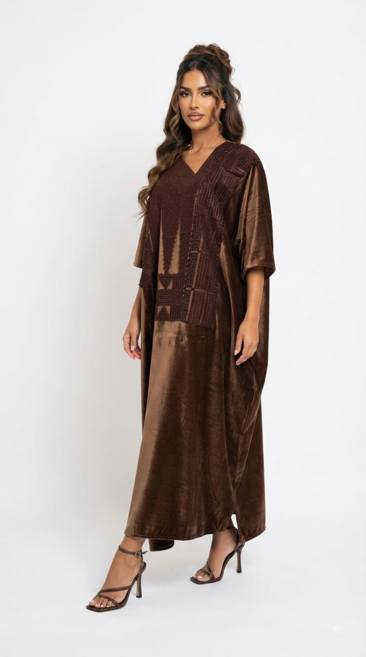 FOLASADE one-of-one tonal hand-embroidered kaftan in bronze velvet by Josh And Nicol, one size maxi