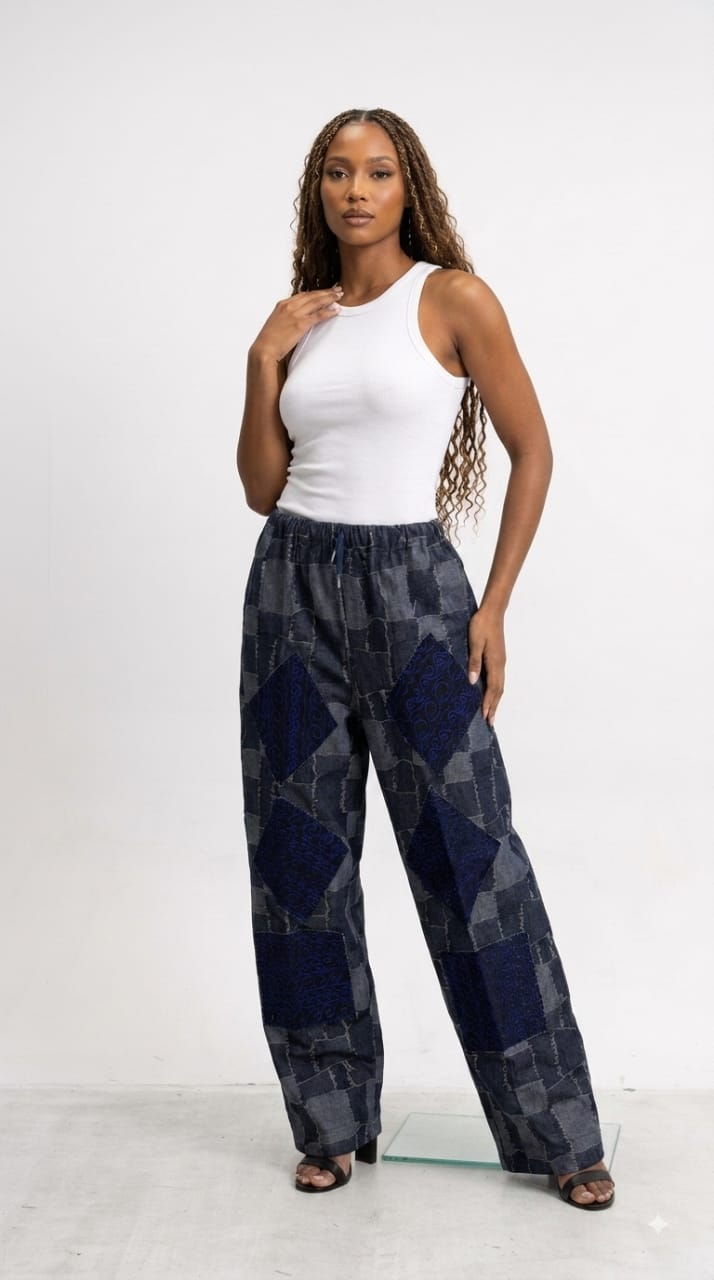 Indigo Patchwork Denim Wide Leg Trousers - Navy Diamond Josh And Nicol