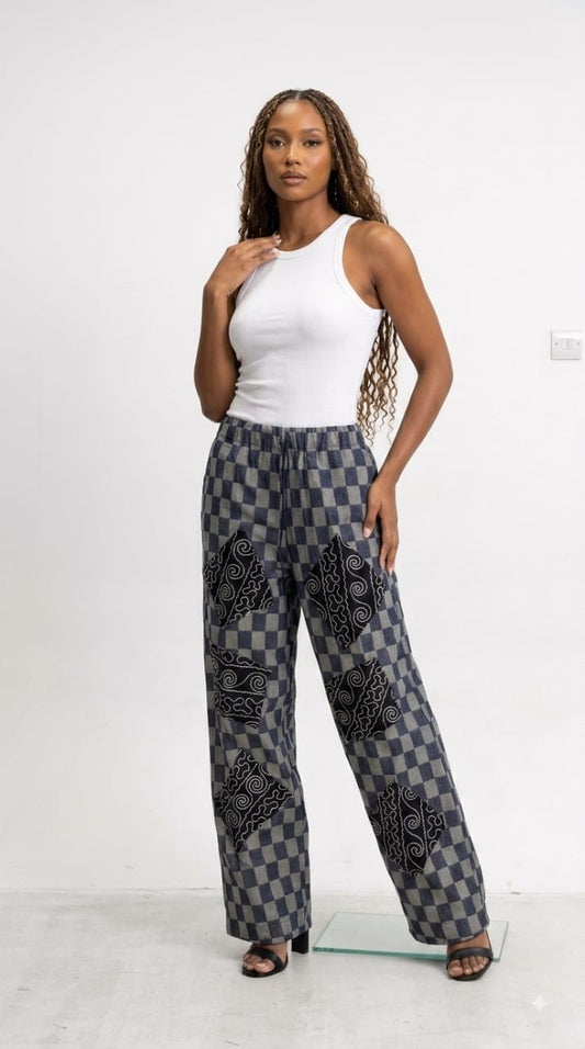 Checkerboard Denim Wide Leg Trousers - Black Diamond Embroidery Josh And Nicol