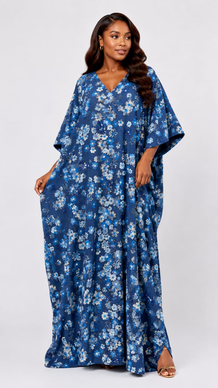 Abeni Floral Beaded Denim Kaftan by Josh And Nicol, one-of-a-kind hand-beaded floral denim kaftan