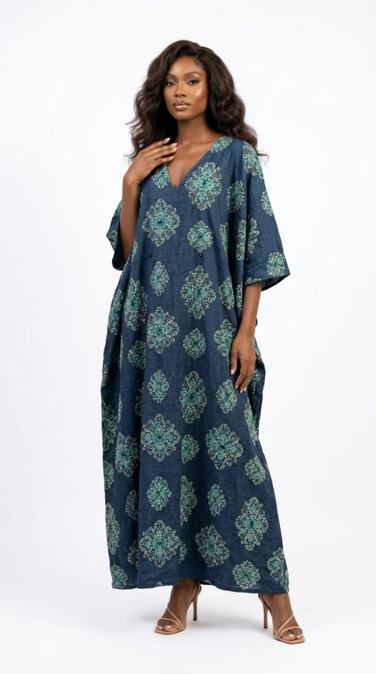 Abeni Beaded Denim Kaftan by Josh And Nicol, one-of-a-kind hand-beaded denim kaftan
