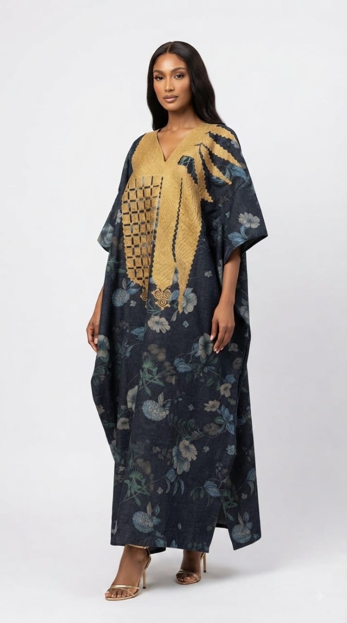 OMOLARA one-of-one gold hand-embroidered kaftan in navy botanical denim by Josh And Nicol, one size maxi
