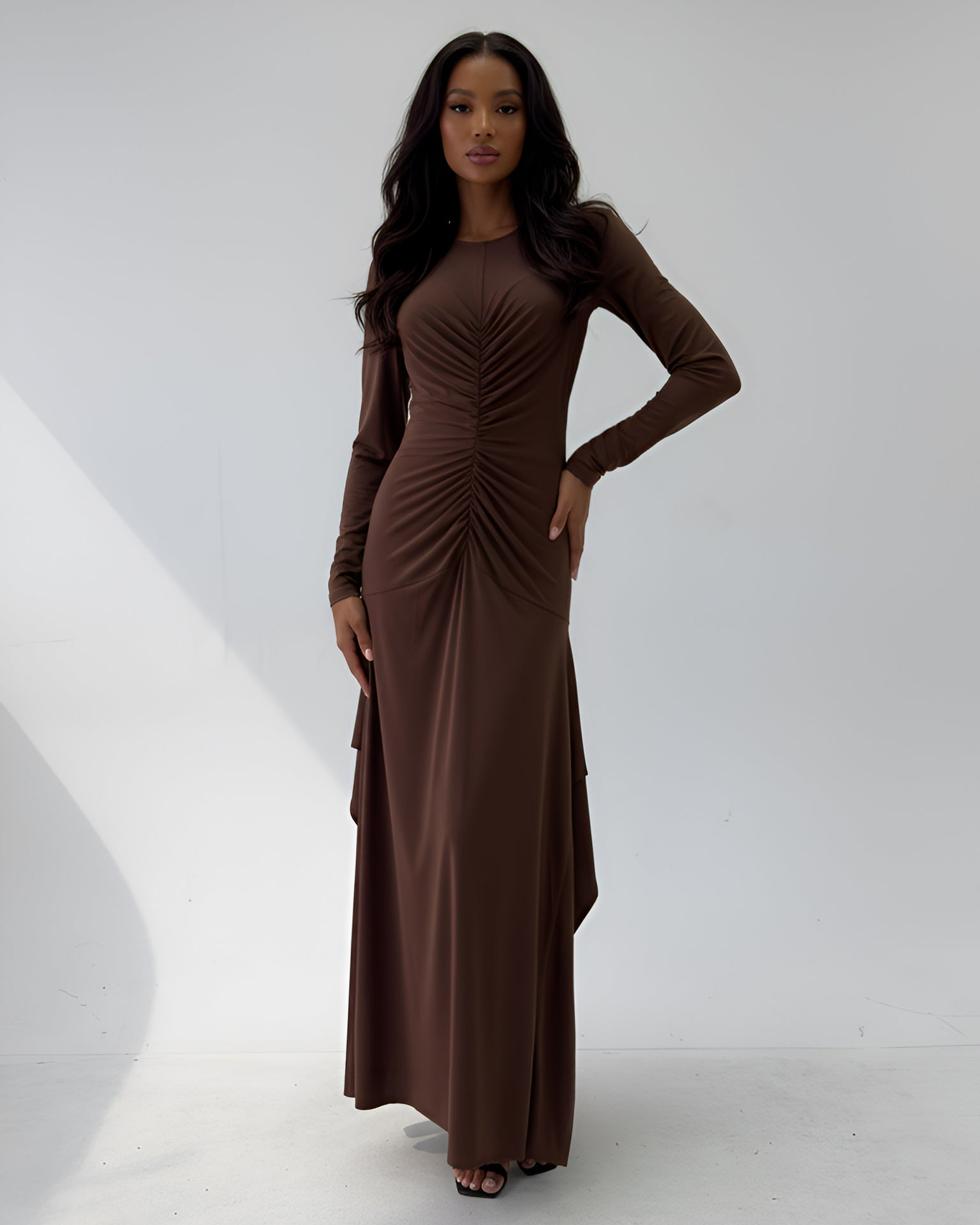 Noel Ruched Maxi Gown — Rich Cocoa Josh And Nicol