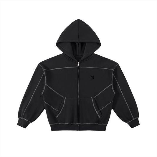 Contrast-Stitched Boxy Fleece Zip Hoodie ODMPOD