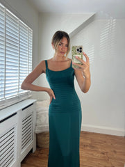 Catherine Fitted Corset Premium Satin Pin-tuck Design Lace Up Back Full Length Dress In Emerald Green Josh And Nicol