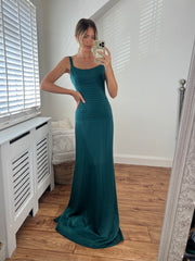 Catherine Fitted Corset Premium Satin Pin-tuck Design Lace Up Back Full Length Dress In Emerald Green