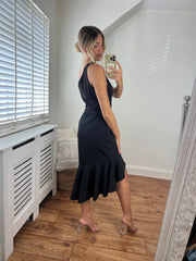 Diana One Shoulder Luxurious Crepe Fitted Peplum Frill Midi Dress in Black Josh And Nicol