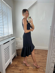 Diana One Shoulder Luxurious Crepe Fitted Peplum Frill Midi Dress in Black Josh And Nicol