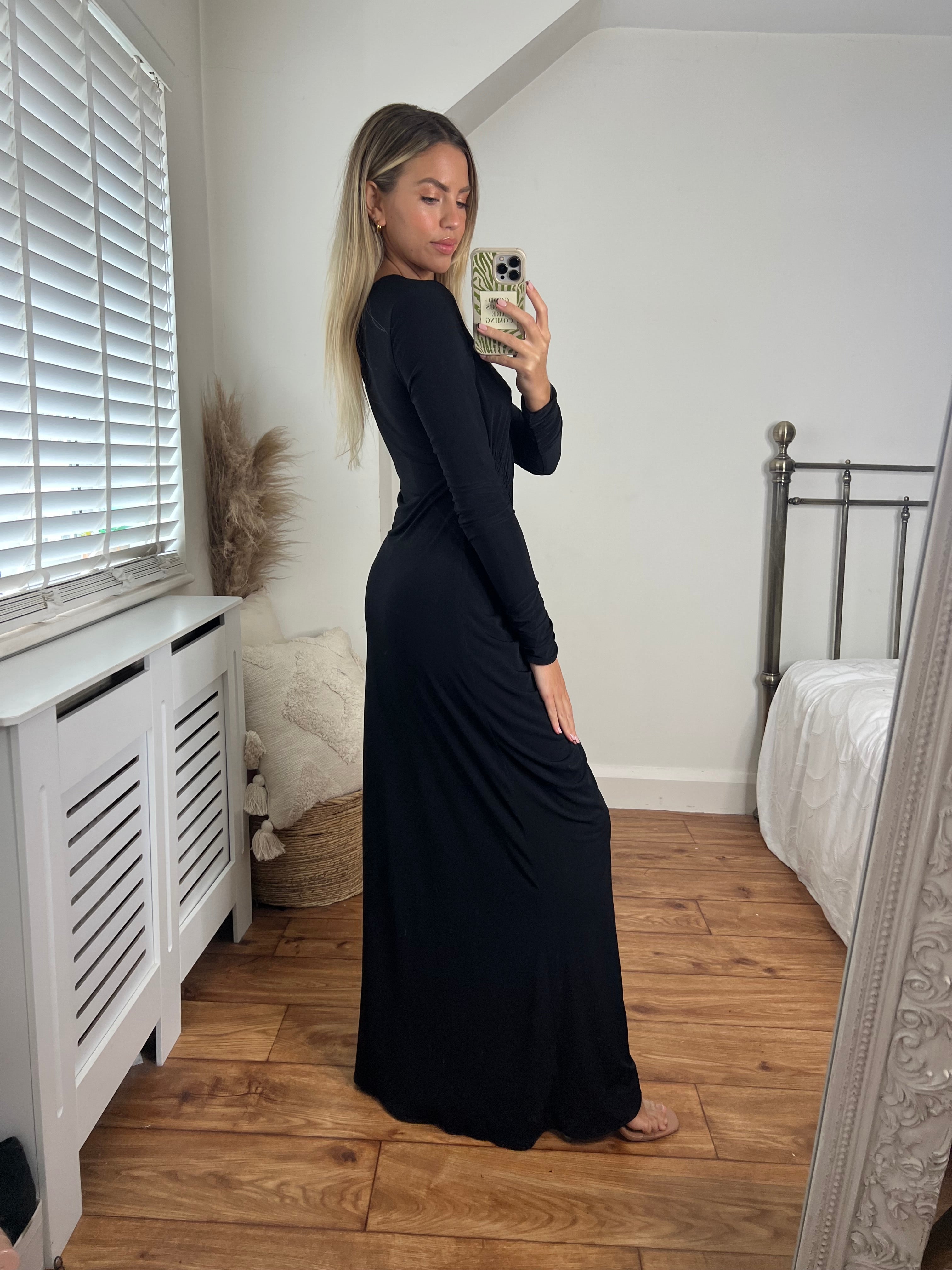 Nina Long-Sleeve Ruched Maxi Dress- Black
