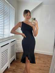 Diana One Shoulder Luxurious Crepe Fitted Peplum Frill Midi Dress in Black Josh And Nicol