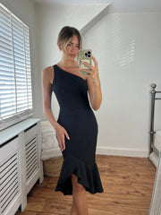 Diana One Shoulder Luxurious Crepe Fitted Peplum Frill Midi Dress in Black