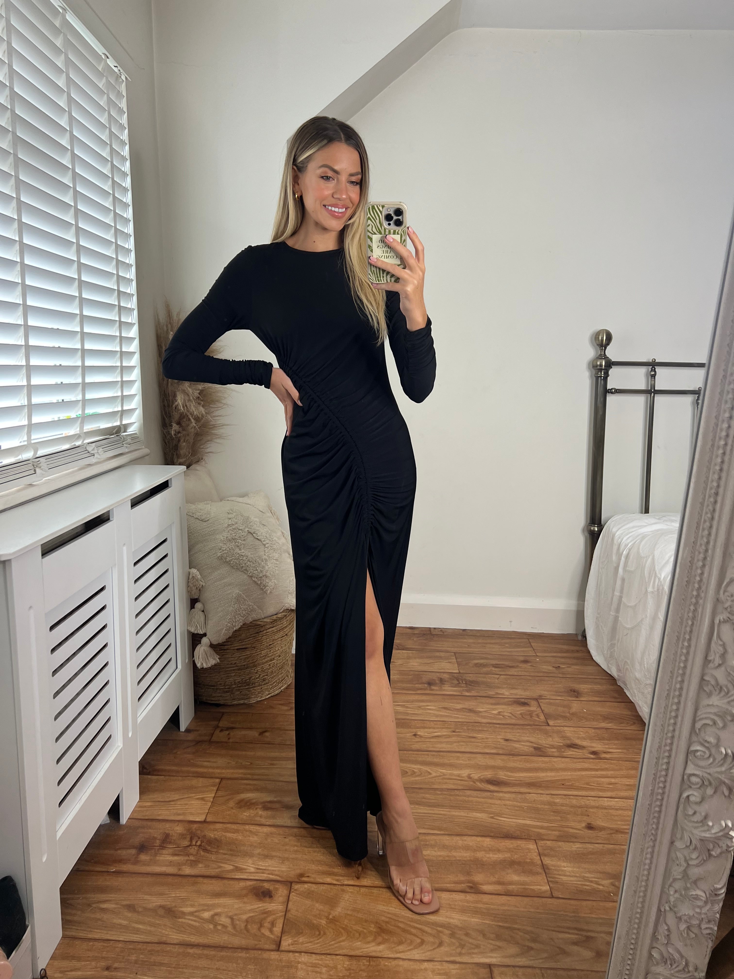Nina Long-Sleeve Ruched Maxi Dress- Black