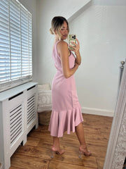 Diana One Shoulder Luxurious Crepe Fitted Peplum Frill Midi Dress in Blush Pink Josh And Nicol