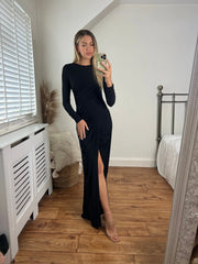 Nina Long-Sleeve Ruched Maxi Dress- Black