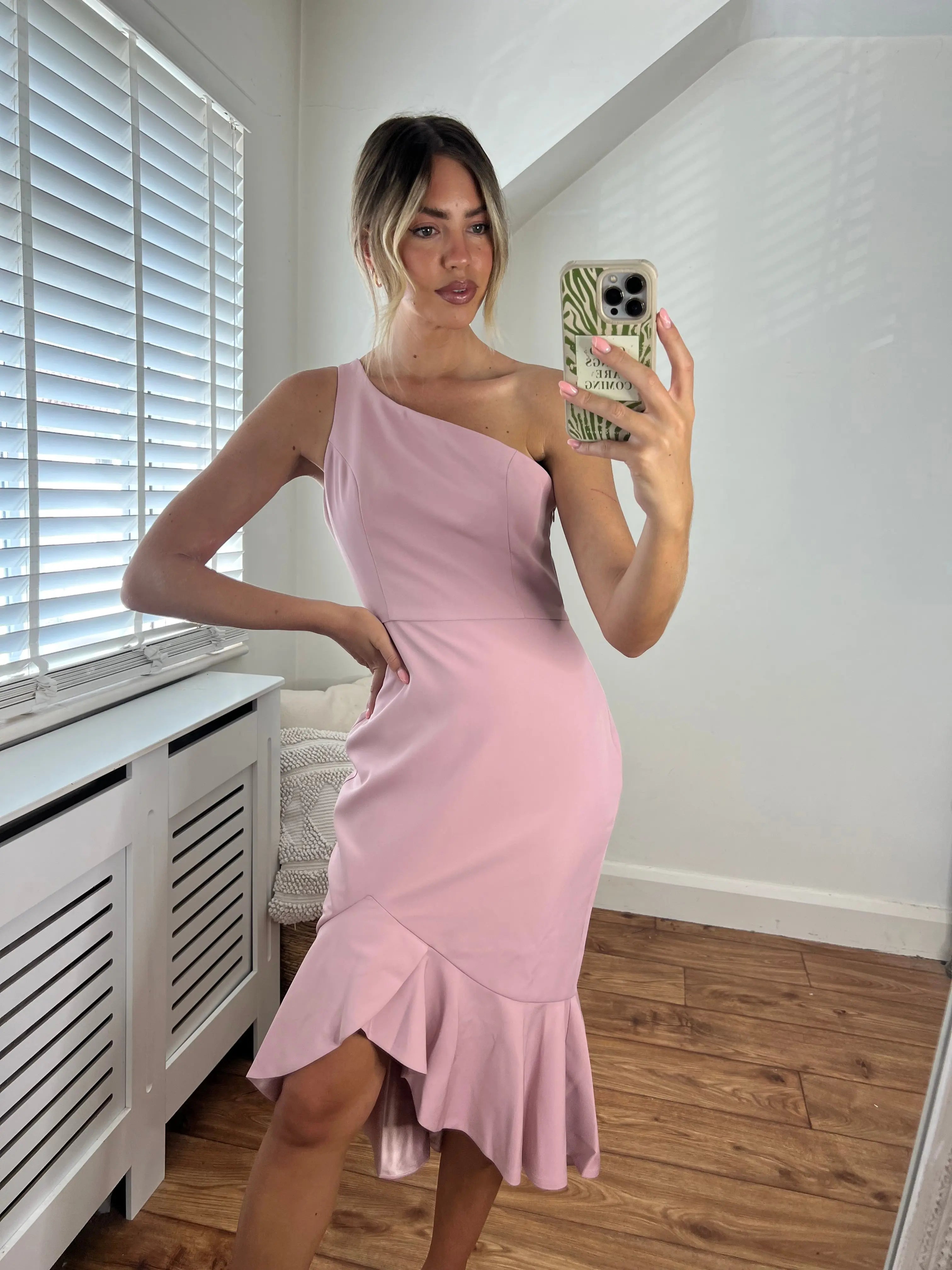 Diana One Shoulder Luxurious Crepe Fitted Peplum Frill Midi Dress in Blush Pink Josh And Nicol
