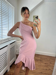 Diana One Shoulder Luxurious Crepe Fitted Peplum Frill Midi Dress in Blush Pink Josh And Nicol