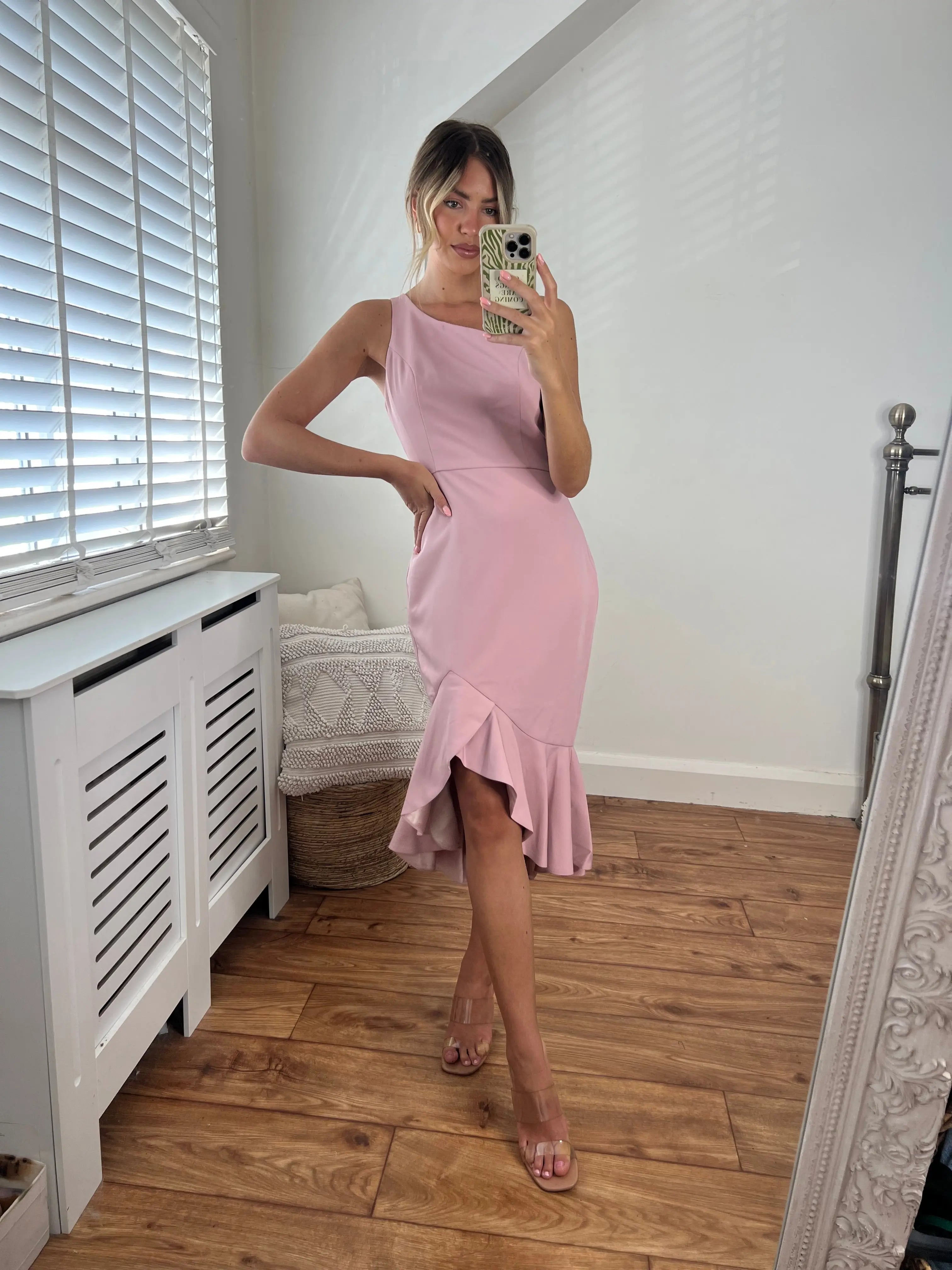 Diana One Shoulder Luxurious Crepe Fitted Peplum Frill Midi Dress in Blush Pink Josh And Nicol