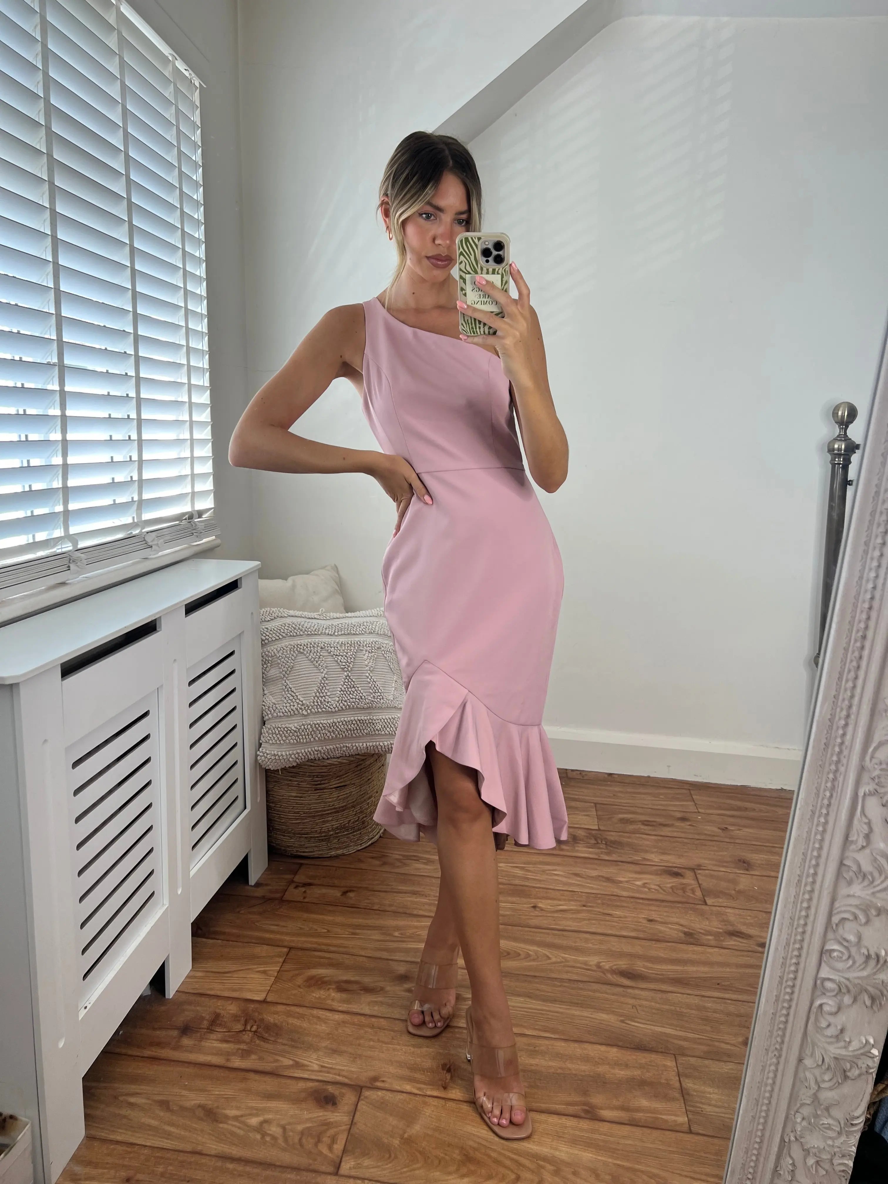 Diana One Shoulder Luxurious Crepe Fitted Peplum Frill Midi Dress in Blush Pink Josh And Nicol