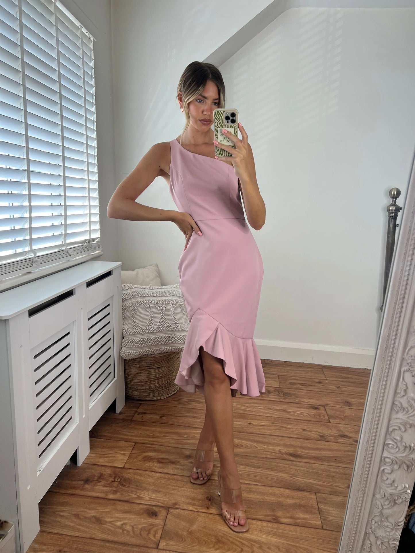 Diana One Shoulder Luxurious Crepe Fitted Peplum Frill Midi Dress in Blush Pink Josh And Nicol