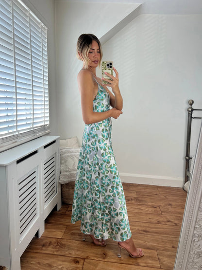 Zara White and Green Flower Print Satin Low Back V Neck Strappy Dress Josh And Nicol