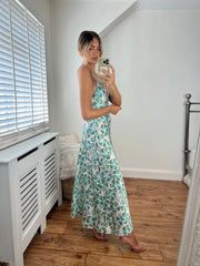 Zara White and Green Flower Print Satin Low Back V Neck Strappy Dress