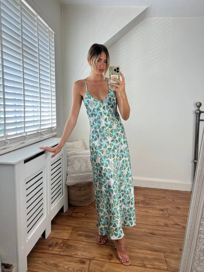 Zara White and Green Flower Print Satin Low Back V Neck Strappy Dress Josh And Nicol