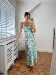 Zara White and Green Flower Print Satin Low Back V Neck Strappy Dress
