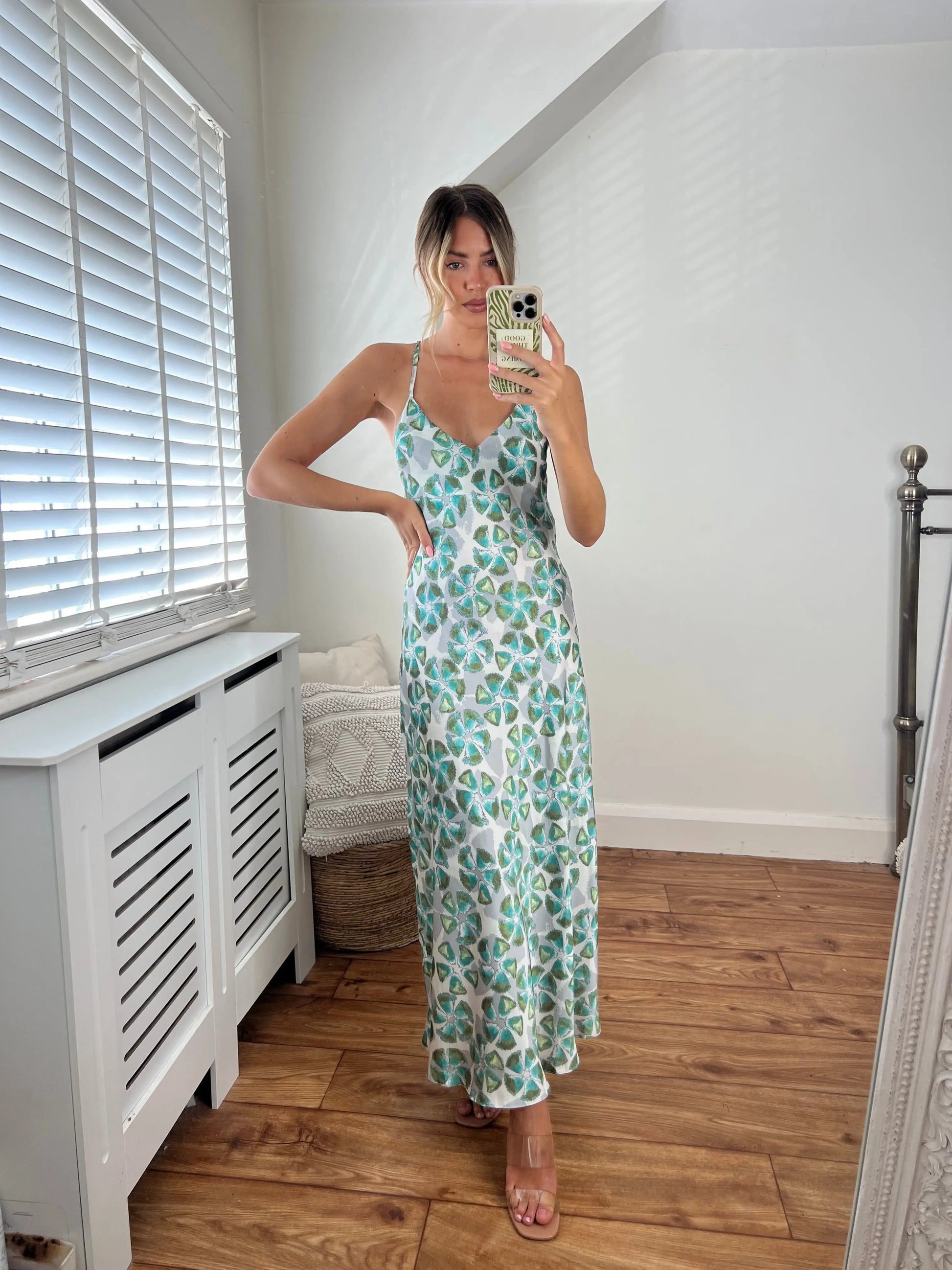 Zara White and Green Flower Print Satin Low Back V Neck Strappy Dress Josh And Nicol